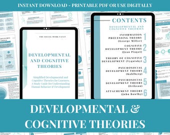 May include: Two digital tablets displaying a study guide titled "Developmental and Cognitive Theories." The guide covers topics like information processing, cognitive development, and psychosocial development. The text is in a teal and white color scheme.