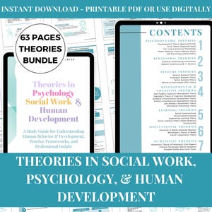 Pode incluir: Um pacote de download digital intitulado "Teorias em Psicologia, Serviço Social e Desenvolvimento Humano". A imagem mostra um tablet exibindo o conteúdo e outro com o título e uma descrição do guia de estudo. O pacote inclui 63 páginas.