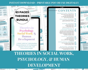 May include: A digital download bundle titled "Theories in Psychology, Social Work & Human Development." The image shows a tablet displaying the contents and another with the title and a study guide description. The bundle includes 63 pages.