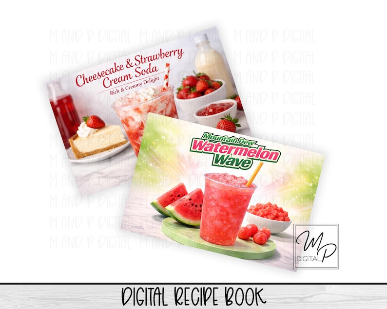 May include: Two recipe book covers featuring refreshing drinks. One cover displays "Cheesecake & Strawberry Cream Soda" with a slice of cheesecake and a drink. The other cover shows "Mountain Dew Watermelon Wave" with watermelon slices and a drink. The words "Digital Recipe Book" are at the bottom.