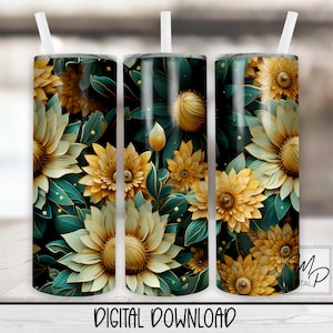 Teal and Cream Floral 20 oz Skinny Tumbler Sublimation Design, Instant Digital Download PNG Straight and Tapered Tumbler Wrap PNG