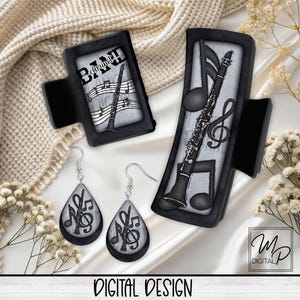 Band Clarinet Hair Clip Sublimation Design, Large And Small Hair Claw PNG, Teardrop Earring Sublimation Design, Digital Download