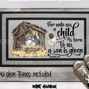 Christmas Nativity Front Door Mat Sublimation Design Download, Christian Christmas Rug PNG, Rug Designs, Doormat PNG, Two Skin Tones