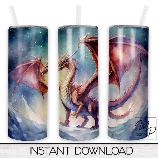 Winter Dragon 20 oz Skinny Tumbler Sublimation Design, Instant Digital Download PNG Straight and Tapered Tumbler Wrap PNG