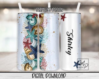 Nahtloser nautischer Strandbecher Sublimationsdesign-Download, 20 Unzen dünner Becher PNG Wrap, gerade und konische PNG, kommerzielle Nutzung