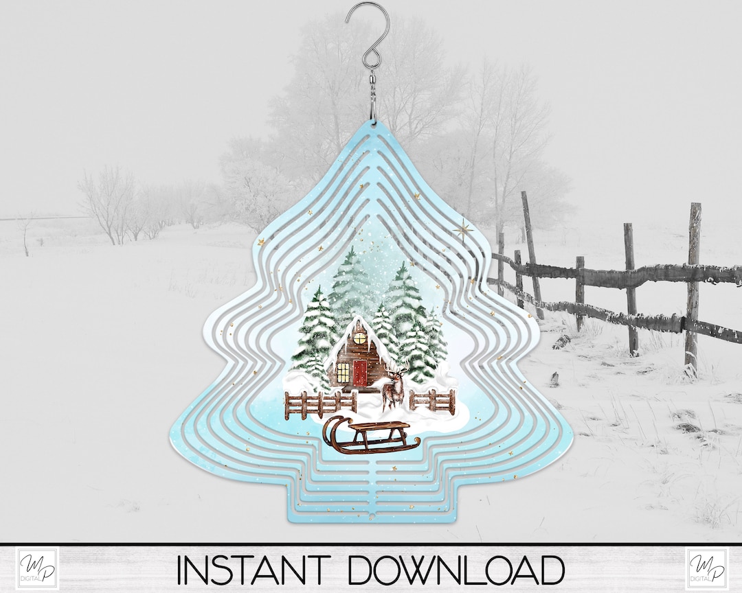 Winter Cabin Christmas Tree Wind Spinner PNG Design for Sublimation