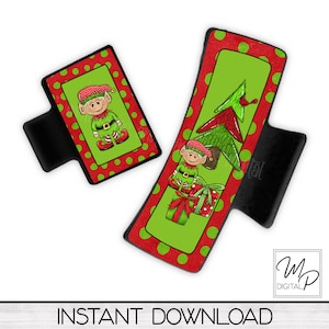 May include: Two Christmas-themed watch band designs. One features a cartoon elf in a green outfit and red hat, set against a green background with red polka dots. The other design shows a Christmas tree, an elf, and gifts. The words "INSTANT DOWNLOAD" are at the bottom.