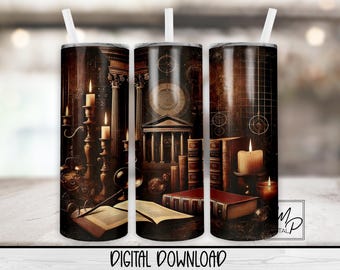 Dark Academia, Books, Reading, 20 oz Skinny Tumbler Sublimation Design, Instant Digital Download PNG Straight Tapered Tumbler Wrap PNG
