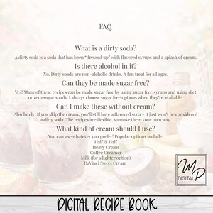 May include: A digital recipe book with the title "DIGITAL RECIPE BOOK" at the bottom. The FAQ section answers questions about dirty sodas, including ingredients like flavored syrups and cream. The image includes a logo and a coconut.