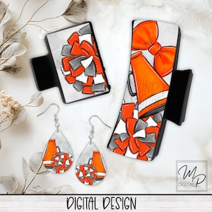 Cheerleader Hair Clip Sublimation Design, Orange Team Spirit, Large And Small Hair Claw PNG, Hair Clip and Teardrop Earring