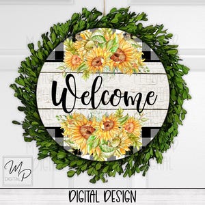 Sunflower Door Hanger Printable PNG, Round Door Sign Sublimation Digital Download