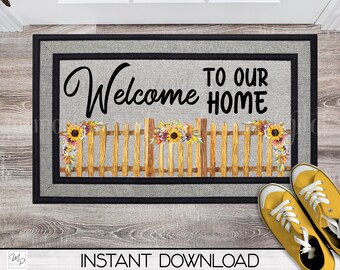 Alfombra de puerta delantera con valla de girasol, descarga de diseño de sublimación, alfombra PNG, diseños de alfombras, felpudo PNG