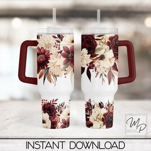 Bordeaux et crème Floral 40oz Tumbler Wrap Design - PNG Tumbler Sublimation Design Télécharger