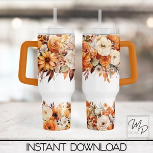 Envoltório de copo floral laranja e marrom de 40 onças - Sublimação de design de copo PNG - Downloads de designs digitais - Uso comercial