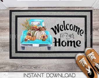 Fall Front Door Mat Sublimation Design Download, Farmhouse Truck Rug PNG, Rug Designs, Doormat PNG
