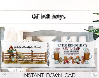 Fall Scarecrow and Christmas Lumbar Pillow Cover PNG Sublimation Design Bundle, Digital Download