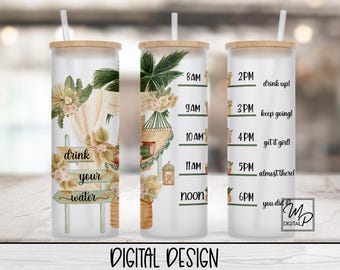 20oz / 25oz Glass Tumbler Water Tracker, Boho Beach Wrap for Sublimation and Waterslides, PNG Digital Download, Drink Your Water