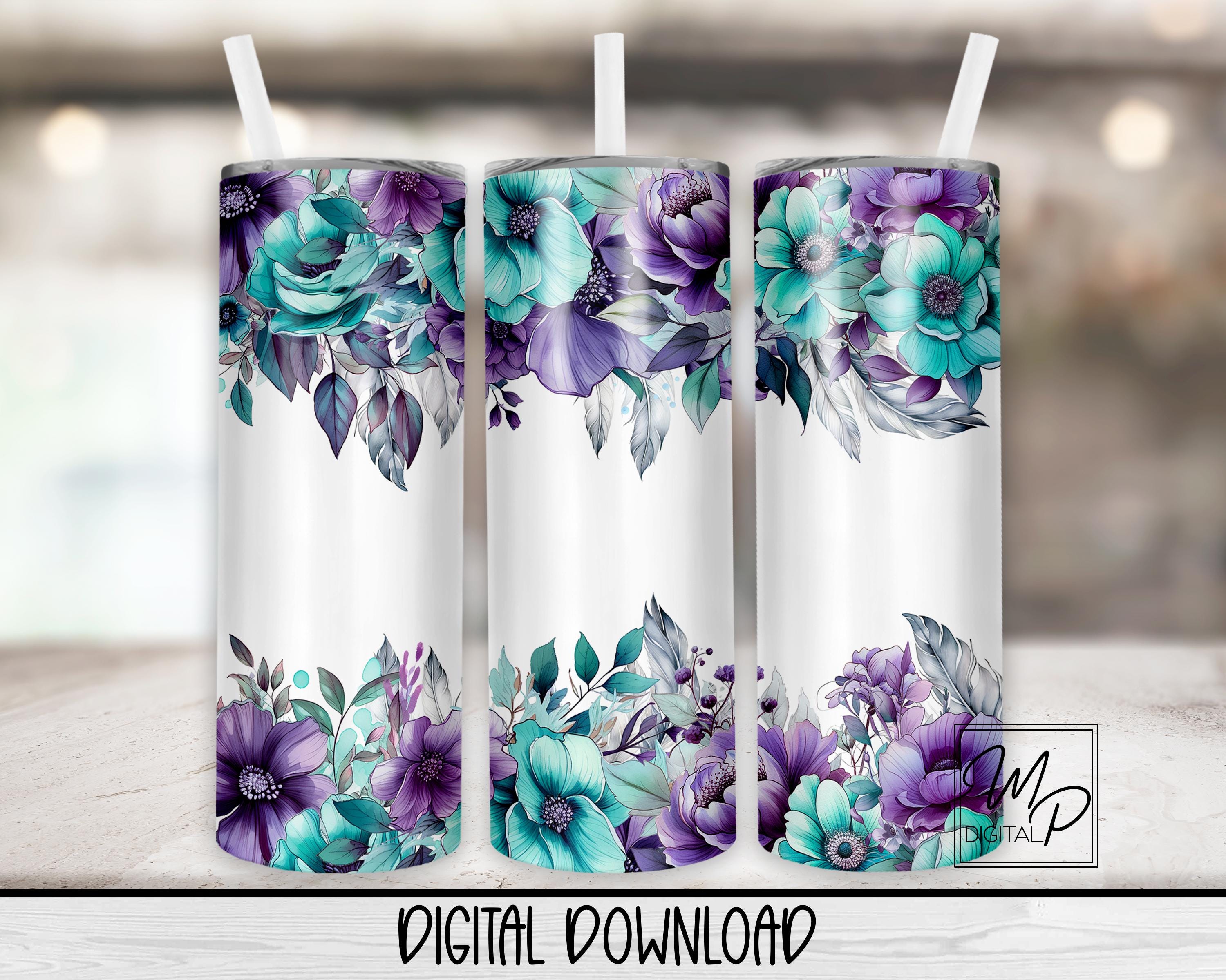 Teal and Purple Floral with Feathers 20 oz Skinny Tumbler Wrap Designs - Tapered and Straight Template for Sublimation PNG