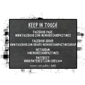 May include: A digital graphic with the text "KEEP IN TOUCH" in white, along with social media links for Facebook, Instagram, and Pinterest. The background is a chalkboard-like texture with a black and white buffalo plaid pattern.