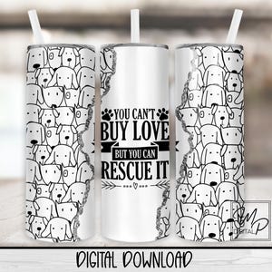 Diseño de sublimación para vaso delgado de 20 oz con diseño de perro de rescate, descarga digital instantánea PNG, vaso recto y cónico PNG