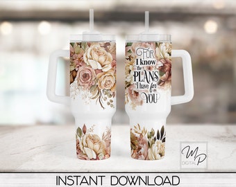 Christian Floral Bible Verse 40oz Tumbler Wrap - PNG Tumbler Design Sublimation - Digital Designs Downloads - Commercial Use