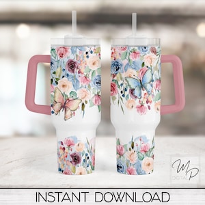 Rosa, blau, Schmetterlinge Blumen 40oz Tumbler Wrap - PNG Tumbler Design Sublimation - Digitale Designs Downloads - kommerzielle Nutzung