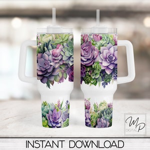 Diseño de envoltura de vaso de suculentas púrpuras de 40 oz - Descarga de diseño de sublimación de vaso PNG - Uso comercial