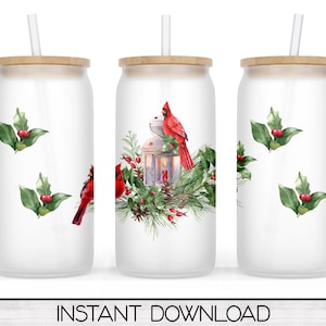 Weihnachtskardinal Glass Can Sublimation Wrap PNG, Kaffeeglas Tumbler Sublimation Design, digitaler Download