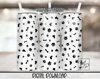 May include: A seamless design featuring black paw prints and bones on a white background. This design is perfect for creating custom tumblers, mugs, or other personalized items.