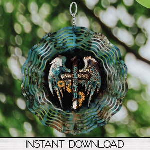 May include: A teal blue metal wind chime with a cross and wings. The cross is decorated with a leopard print and sunflowers. The text "Faith" is written on the cross.