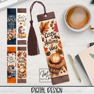 May include: Set of four fall-themed bookmarks with a brown tassel. The bookmarks feature illustrations of pumpkins, coffee, and autumn leaves. The text on the bookmarks reads "Pumpkin Spice and Everything Nice", "Hello Pumpkin", "Cozy Autumn Vibes", and "Farm Fresh Pumpkins".