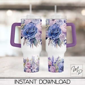 Flores azules y lilas 40oz Tumbler Wrap - Sublimación de diseño de vaso PNG - Descargas de diseños digitales - Uso comercial
