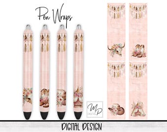 Western Boho Epoxy Pen Wrap PNG Design Digital Download, Ink Pen Wrap Sublimation Template, Pen Wrap Bundle