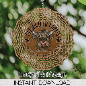Highland Cow Heifer Farms Wind Spinner PNG Design pour sublimation, Garden Spinner Design, Digital Download