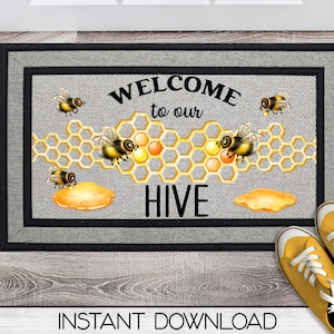 Welcome To Our Hive Bee Door Mat Sublimation Design Download, Rug Design, Doormat PNG