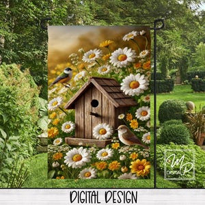 Daisies and Birds Birdhouse Garden Flag for Sublimation Design Download, Yard or Porch Flag Digital Download