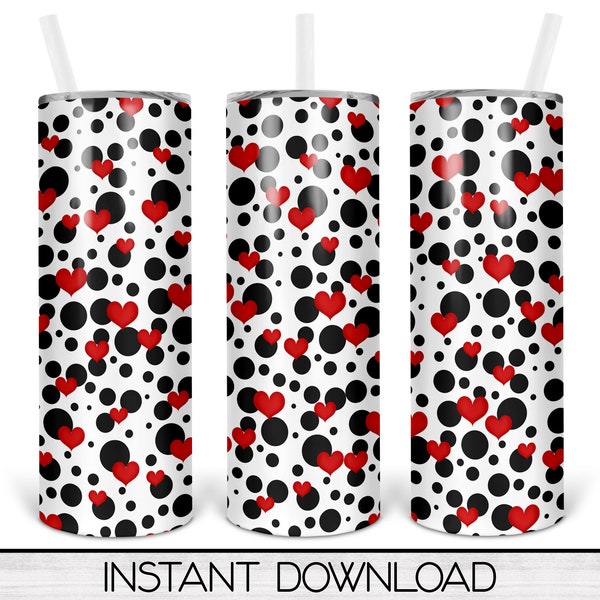 Hearts and Polka Dots 20oz Skinny Tumbler Sublimation Design, Tumbler PNG Digital Download, Full Wrap Waterslide Template