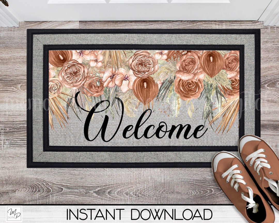 Fall Boho Floral Front Door Mat Sublimation Design Download,