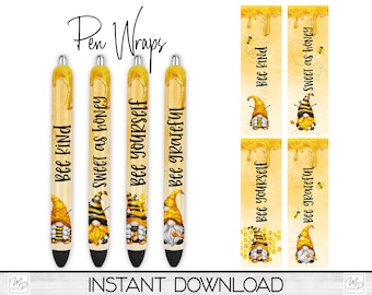 Bee Gnome Epoxy Pen Wrap PNG Design Digital Download, Ink Pen Wrap Sublimation Template, Pen Wrap Bundle