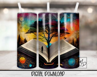 Books, Reading, 20 oz Skinny Tumbler Sublimation Design, Instant Digital Download PNG Straight Tapered Tumbler Wrap PNG