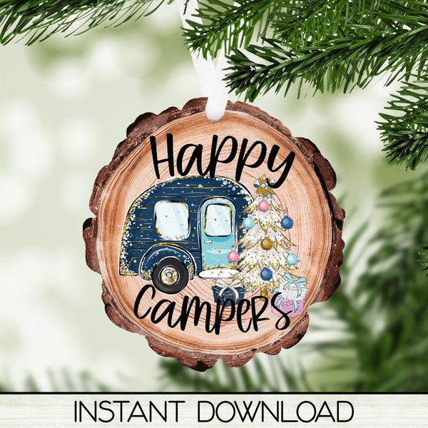 Christmas Happy Camper Wood Slice Ornament PNG for Sublimation, RV Camping Ornament Design, Digital Download