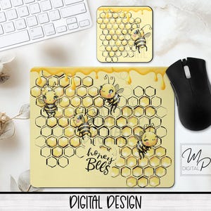 Honey Bee Mouse Pad and Coaster Desk Set Sublimation Digital Download, Bee Desk Set Design for Sublimation, Commercial Use