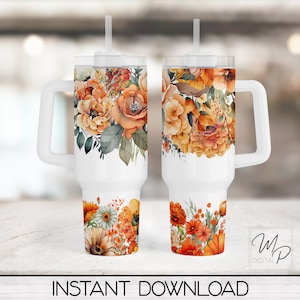 Fall Orange Floral 40oz Tumbler Wrap - PNG Tumbler Design Sublimation - Digital Designs Downloads - Commercial Use