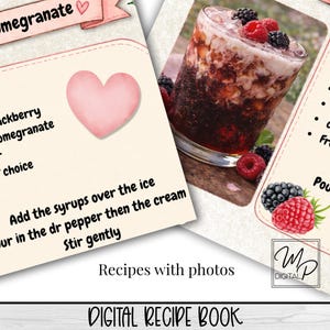 May include: A digital recipe book with photos, featuring a Berry Pomegranate drink recipe. The image includes a glass of the drink with berries, and a recipe card with instructions. The text "DIGITAL RECIPE BOOK" is visible.