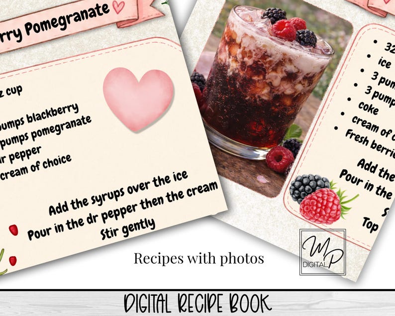May include: A digital recipe book with photos, featuring a Berry Pomegranate drink recipe. The image includes a glass of the drink with berries, and a recipe card with instructions. The text "DIGITAL RECIPE BOOK" is visible.