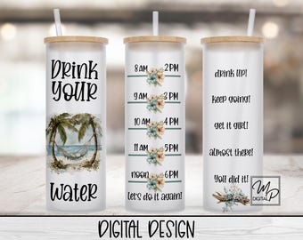 20oz / 25oz Glass Tumbler Water Tracker, Tropical Beach Wrap for Sublimation and Waterslides, PNG Digital Download, Drink Your Water