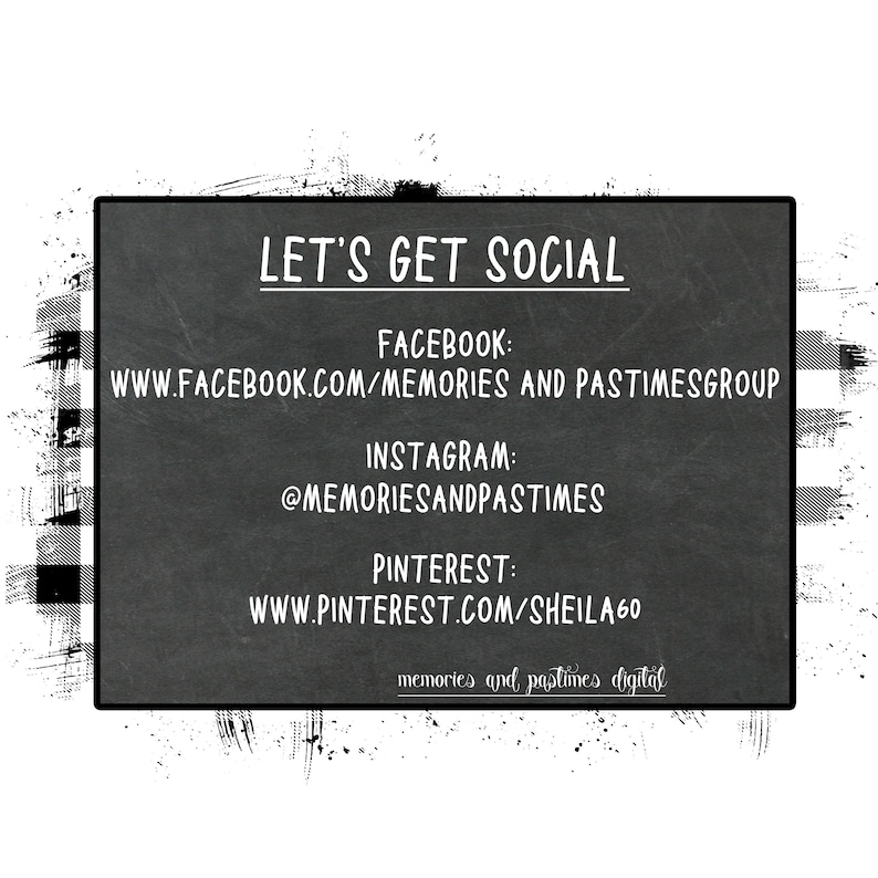 K&ouml;nnte beinhalten: Eine schwarz-wei&szlig;e Kreidetafel mit dem Text "LET'S GET SOCIAL" und Social-Media-Informationen f&uuml;r Memories and Pastimes. Der Text enth&auml;lt die Webadressen f&uuml;r Facebook, Instagram und Pinterest.