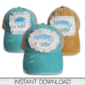 Peut inclure: Trois casquettes de camionneur à l'aspect vieilli. Les casquettes sont turquoise, beige et marron. Chaque casquette a un patch blanc avec le texte "Flip Flops Make Life Better" et un graphique de tongs sur une plage.