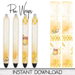 May include: Four printable pen wraps with a honeybee and honeycomb design. The wraps feature a watercolor background with a jar of honey, bees, and honeycomb patterns. The text "Pen Wraps" is at the top of the image and "INSTANT DOWNLOAD" is at the bottom.