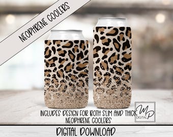 Neoprene Glitter Leopard Print Can Cooler Sublimation Design, Collapsible Fabric Can Cooler Png, Can Holder, Can Cooler PNG Download